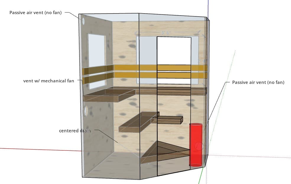 2-3 person bathroom corner sauna plan — 3D rendered interior preview