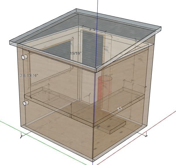 Deck sauna 3D cutaway from above — bench framing and heater placement