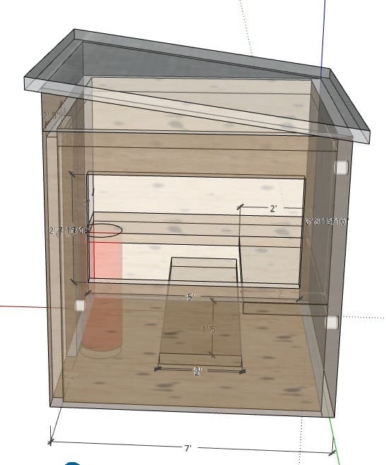 Deck sauna 3D interior view — L-shaped two-tier benches, electric heater, and the large deck-facing window