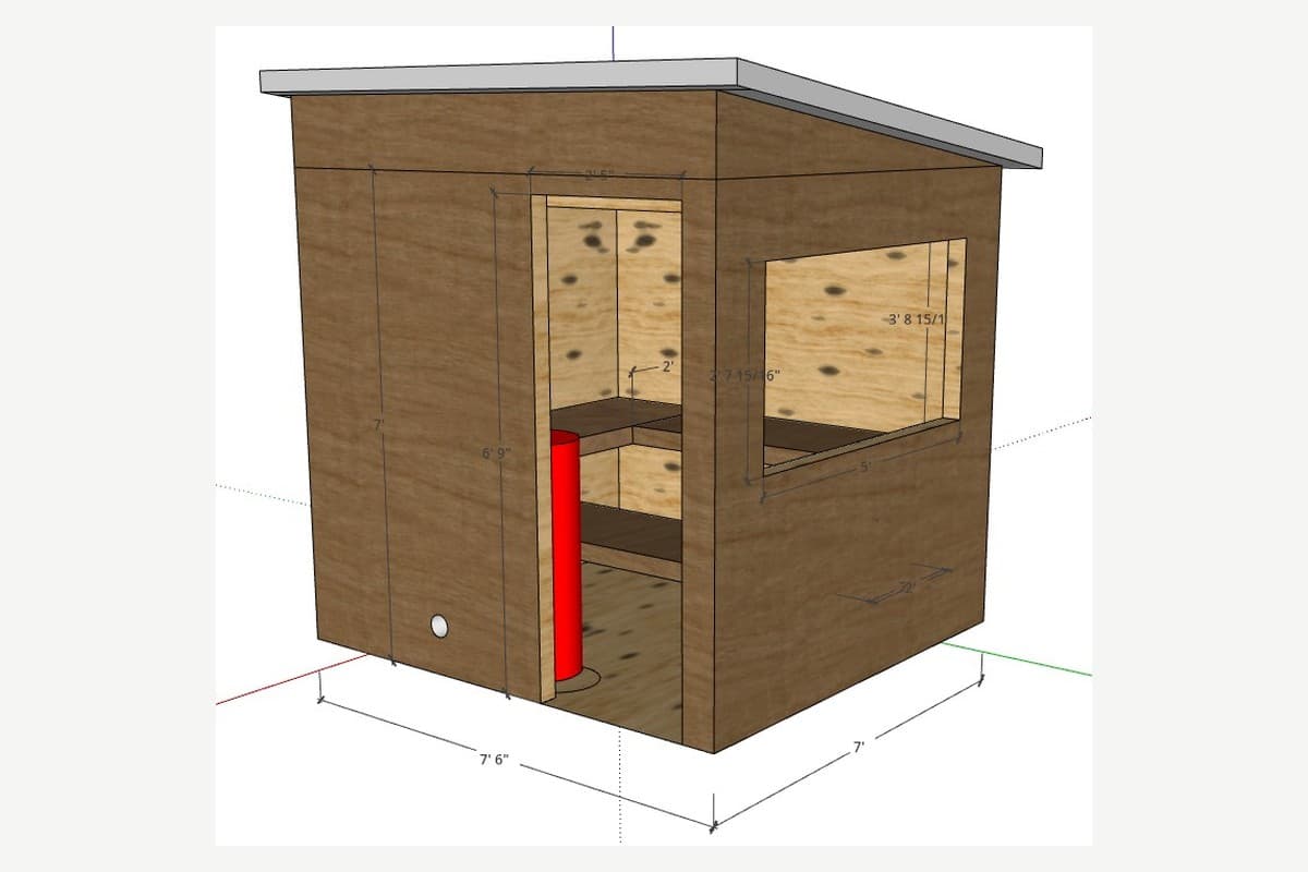Deck sauna plan — 3D cutaway of a sauna sitting on a deck with L-shaped benches, an electric heater, a large deck-facing window, and a shed roof