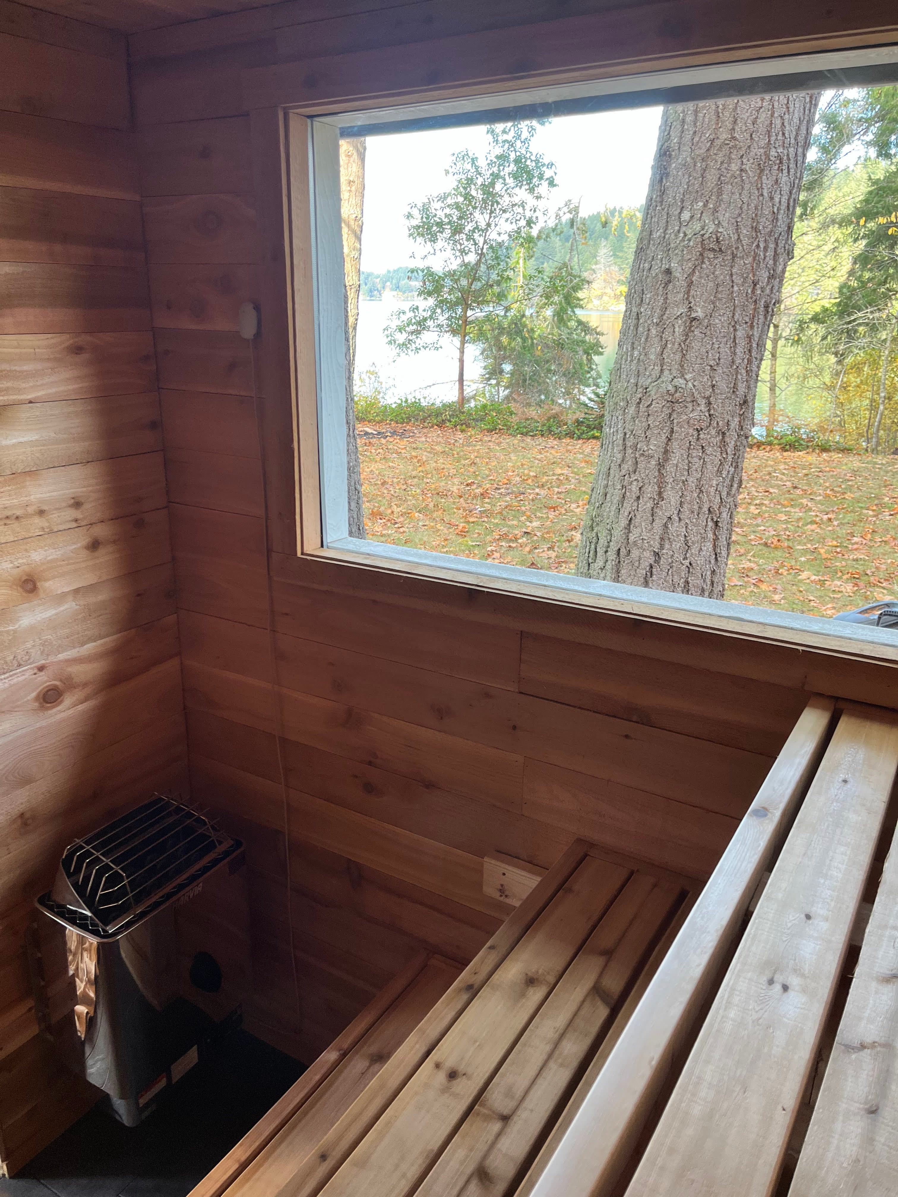 Two-room shed sauna interior bench layout