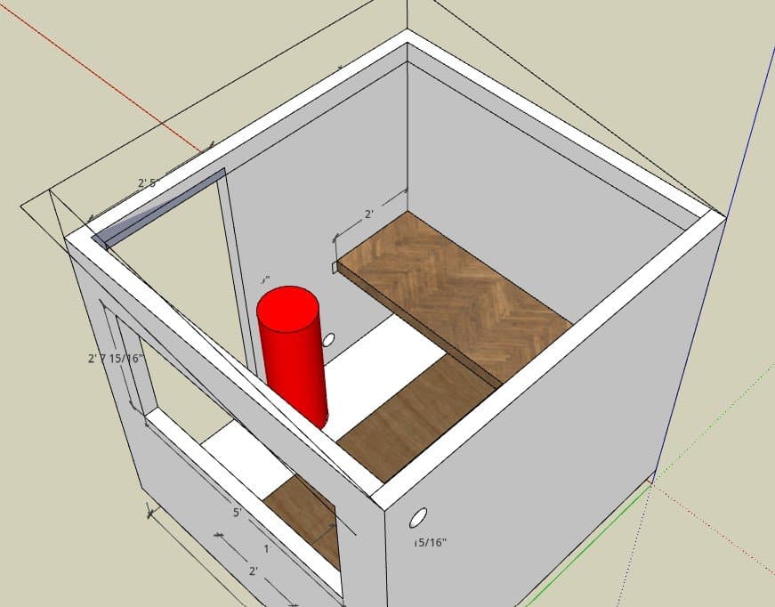3D model, top-down view of the 7x7.5 deck sauna showing heater placement, 24-inch-deep benches, door, and window positions