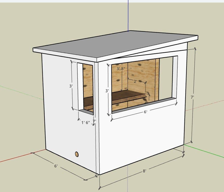 3D model of the 8x6 deck sauna with a 6-foot picture window on the long wall and a single-slope shed roof
