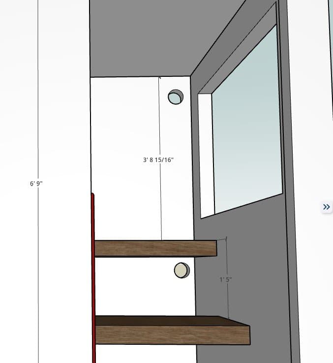 3D model section showing vent locations relative to the upper and lower benches and the window