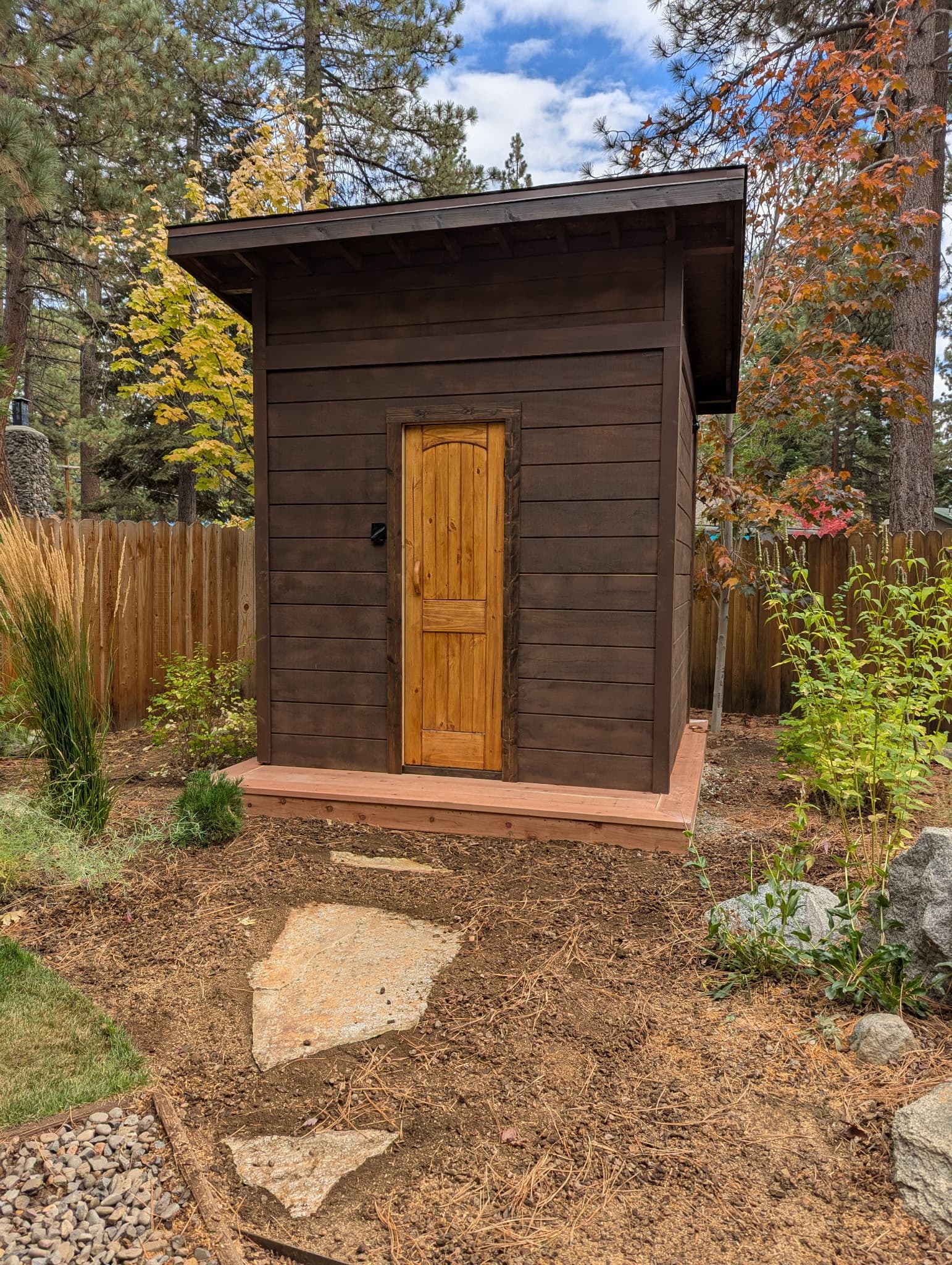 8x8 outdoor sauna with Harvia Cilindro stove – South Lake Tahoe