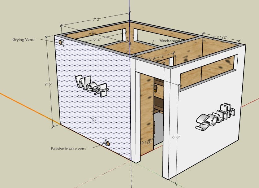 8x12 outdoor sauna plan with changing room — 3D rendered preview