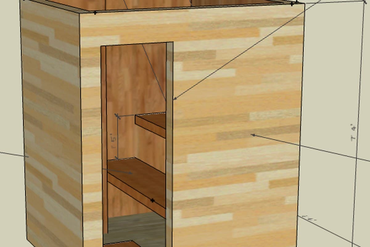 Garage sauna plan — 3D rendered exterior of the insulated box built inside a garage